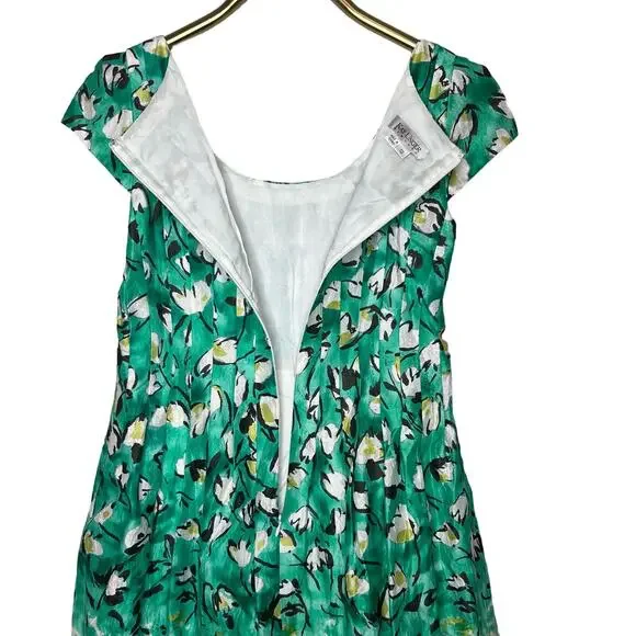 Kay Unger Dress Green Silk Cotton Blend Floral Fit Flare Scoop Neck Size 12 - Picture 4 of 13